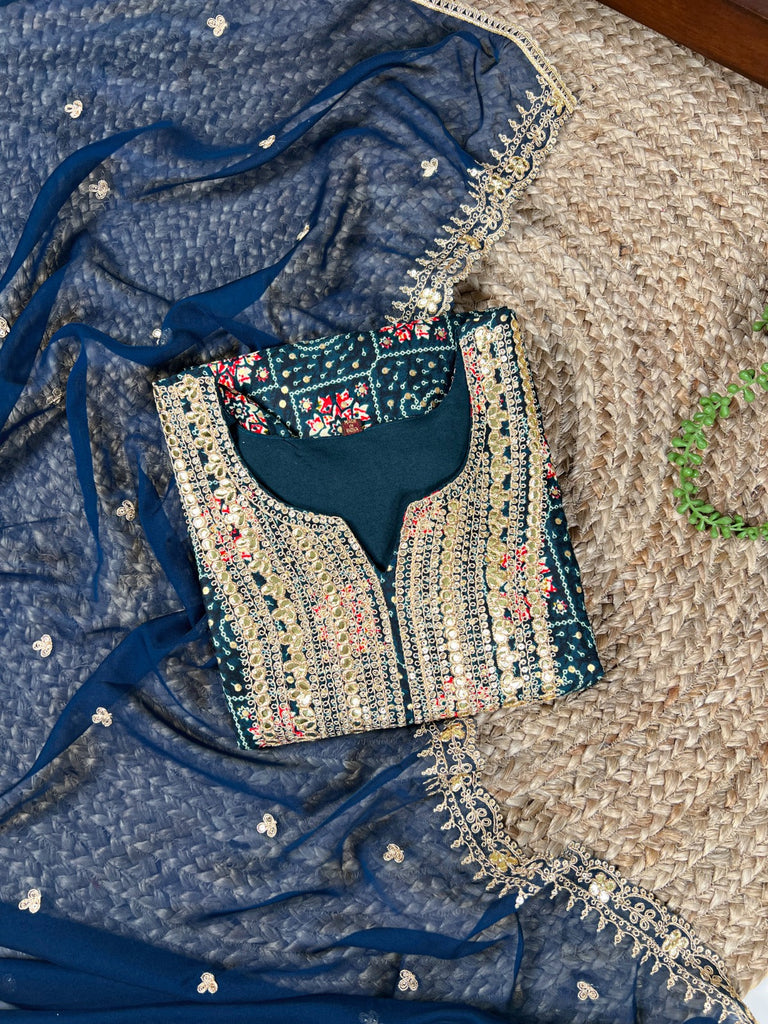 Teal Stylish Rayon Printed Suit Set with Embroidered Organza Dupatta – Stitched Top & Bottom Clothsvilla