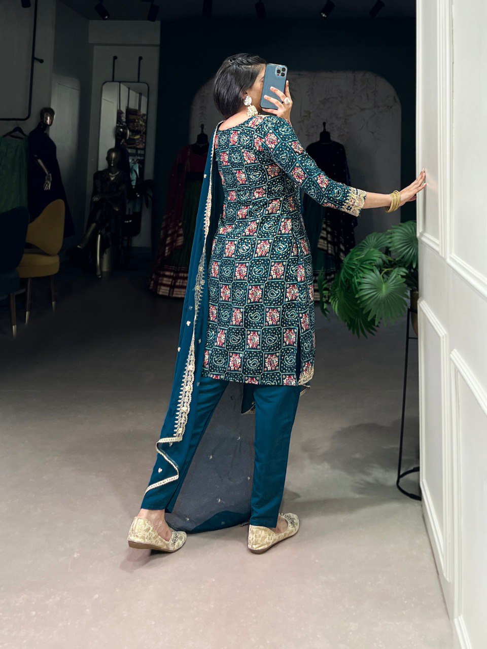 Teal Stylish Rayon Printed Suit Set with Embroidered Organza Dupatta – Stitched Top & Bottom Clothsvilla