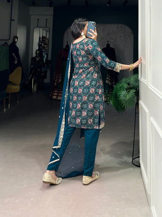 Teal Stylish Rayon Printed Suit Set with Embroidered Organza Dupatta – Stitched Top & Bottom Clothsvilla