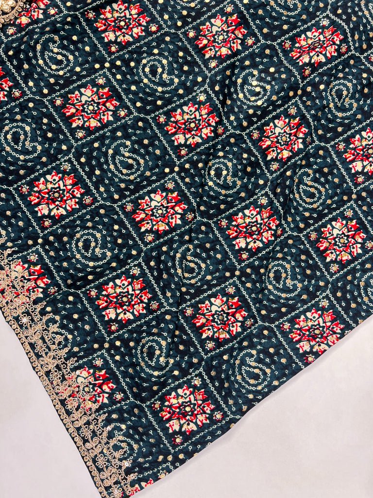 Teal Stylish Rayon Printed Suit Set with Embroidered Organza Dupatta – Stitched Top & Bottom Clothsvilla