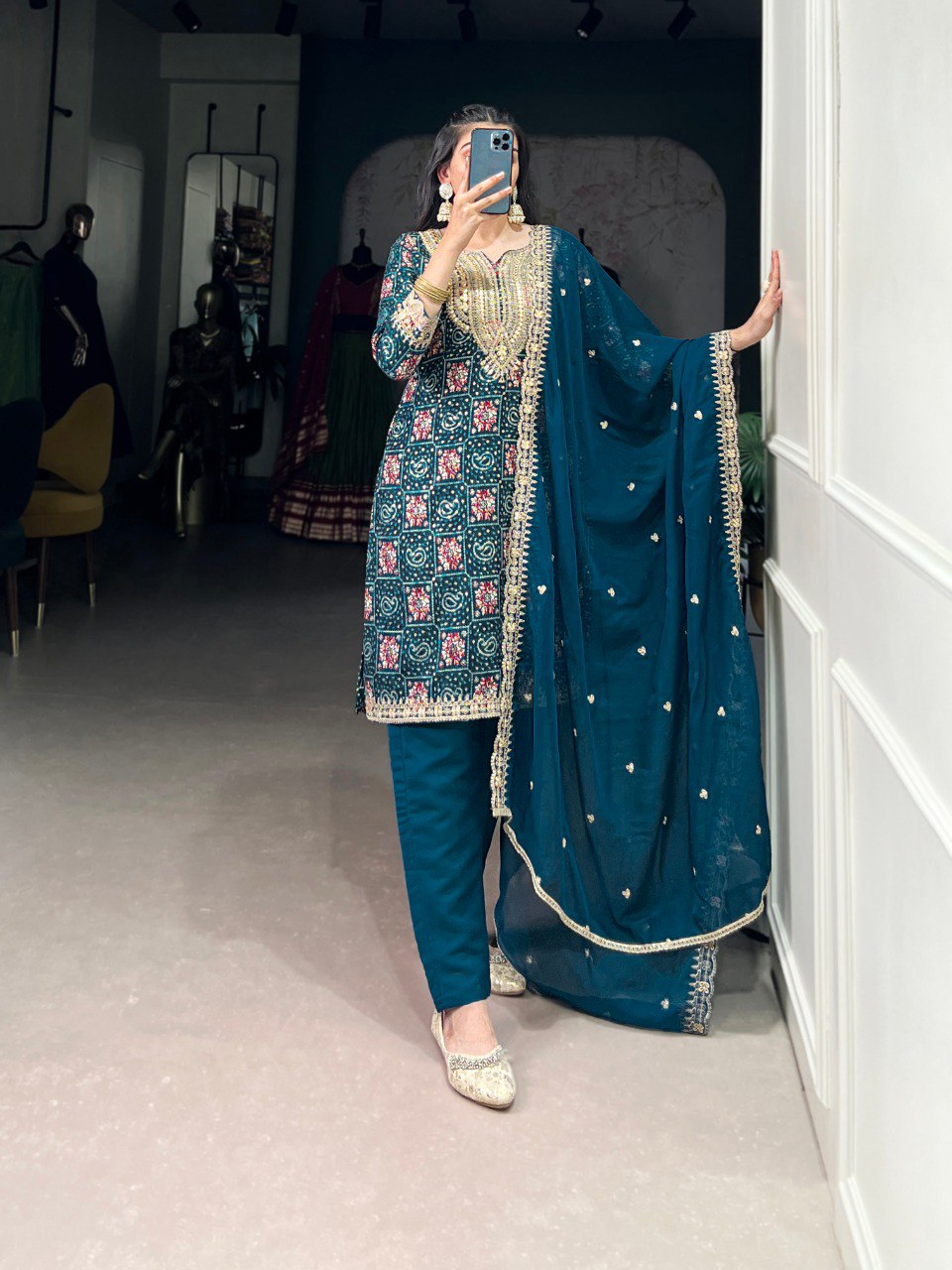 Teal Stylish Rayon Printed Suit Set with Embroidered Organza Dupatta – Stitched Top & Bottom Clothsvilla