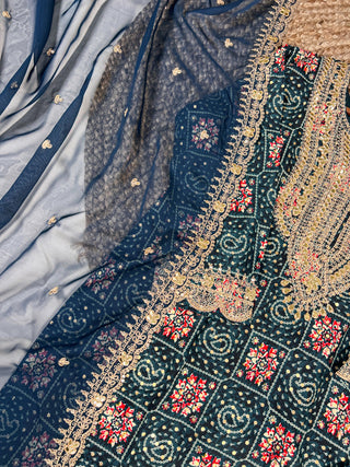 Teal Stylish Rayon Printed Suit Set with Embroidered Organza Dupatta – Stitched Top & Bottom Clothsvilla