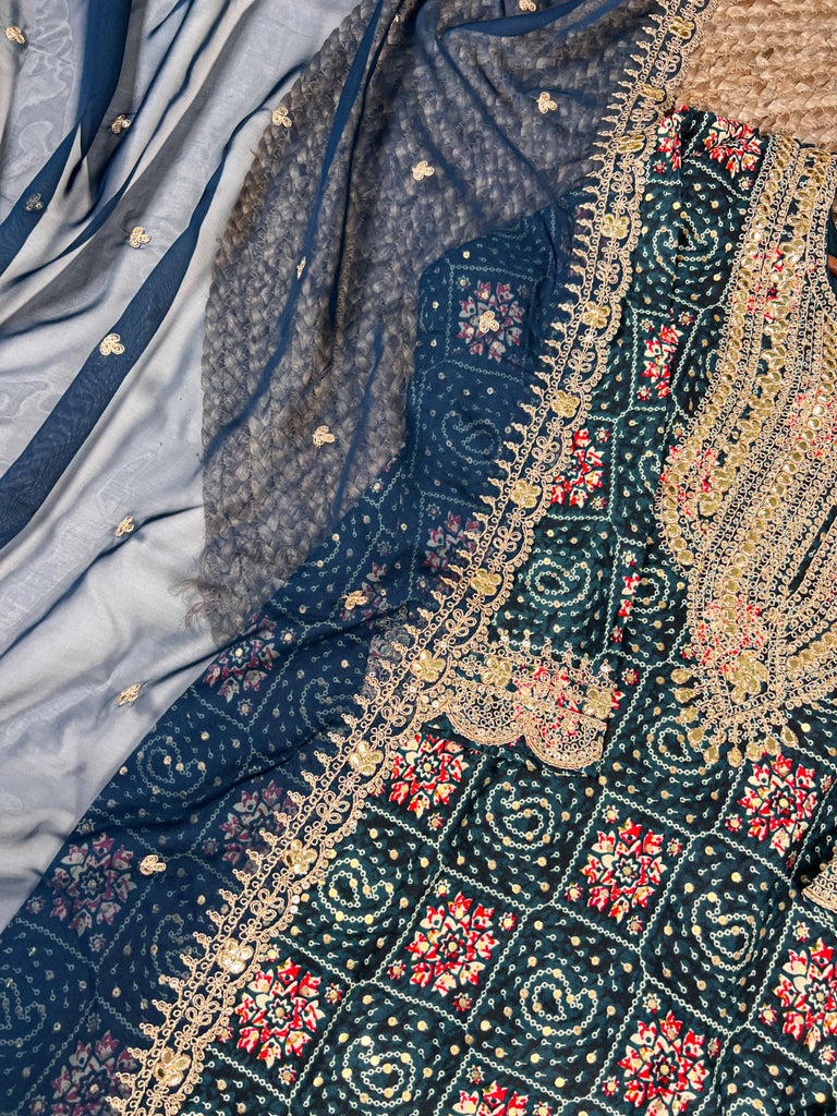 Teal Stylish Rayon Printed Suit Set with Embroidered Organza Dupatta – Stitched Top & Bottom Clothsvilla