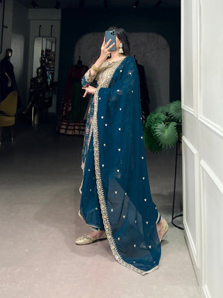 Teal Stylish Rayon Printed Suit Set with Embroidered Organza Dupatta – Stitched Top & Bottom Clothsvilla