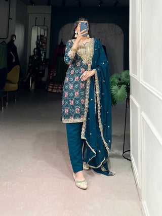 Teal Stylish Rayon Printed Suit Set with Embroidered Organza Dupatta – Stitched Top & Bottom Clothsvilla