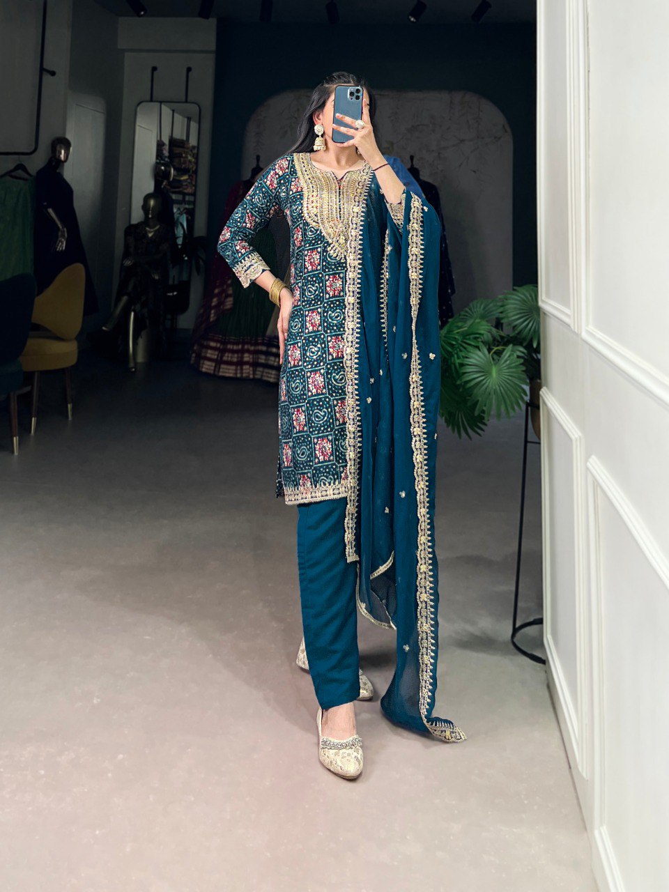 Teal Stylish Rayon Printed Suit Set with Embroidered Organza Dupatta – Stitched Top & Bottom Clothsvilla