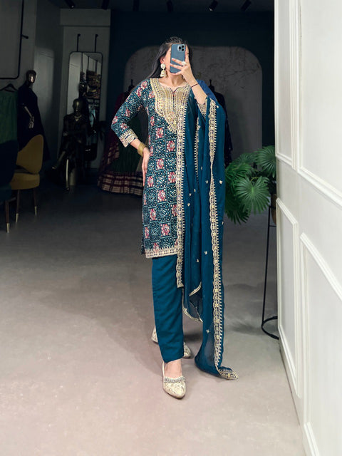 Teal Stylish Rayon Printed Suit Set with Embroidered Organza Dupatta – Stitched Top & Bottom Clothsvilla Main image