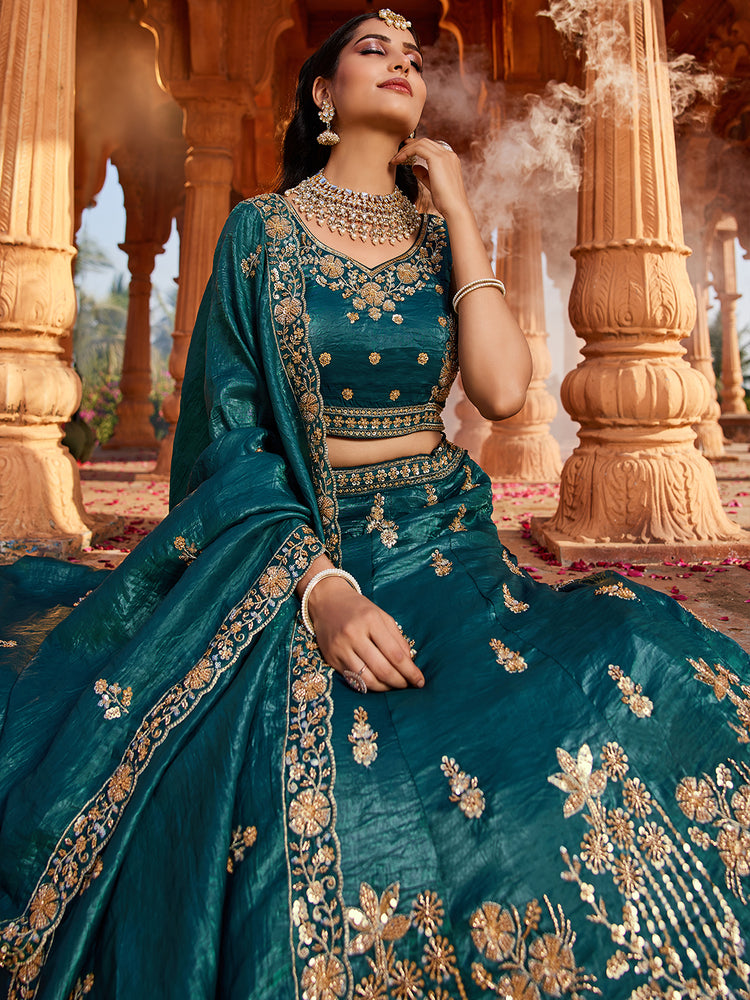 Teal Tissue Semi-Stitched Bridal Lehenga with Heavy Sequin, Moti, and Coding Embroidery Work ClothsVilla