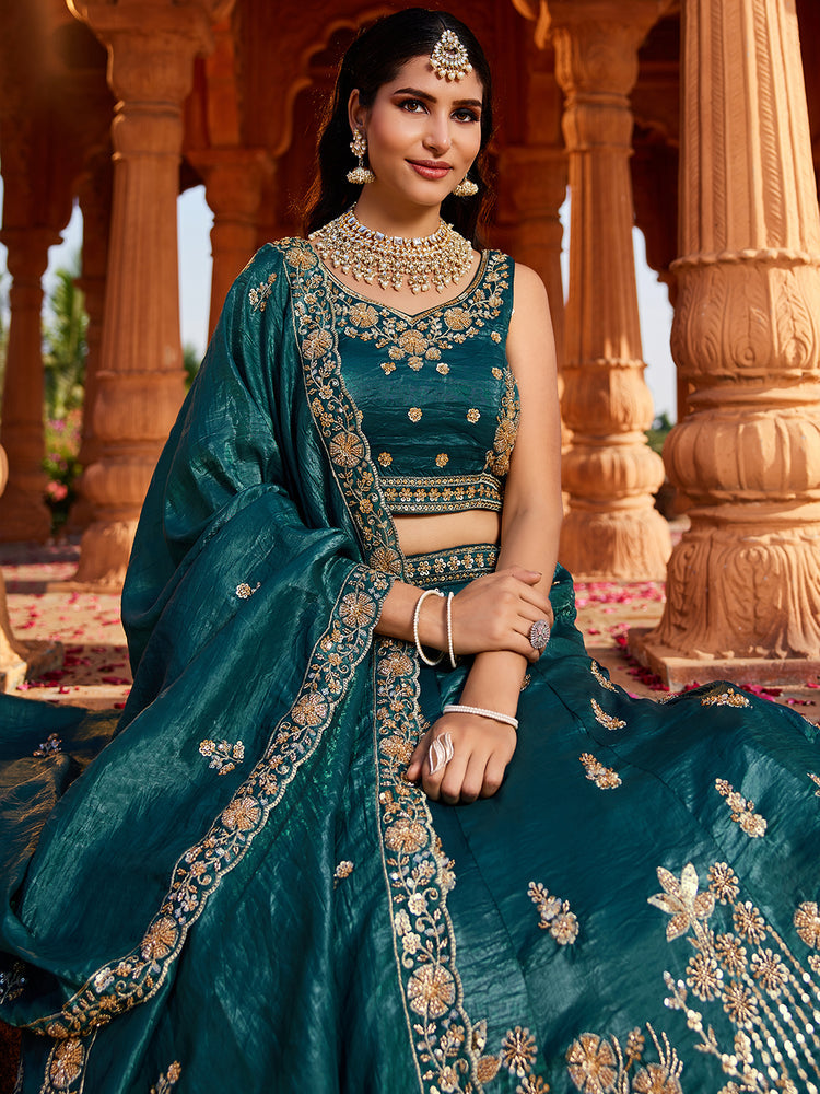Teal Tissue Semi-Stitched Bridal Lehenga with Heavy Sequin, Moti, and Coding Embroidery Work ClothsVilla