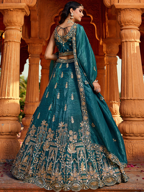 Teal Tissue Semi-Stitched Bridal Lehenga with Heavy Sequin, Moti, and Coding Embroidery Work ClothsVilla