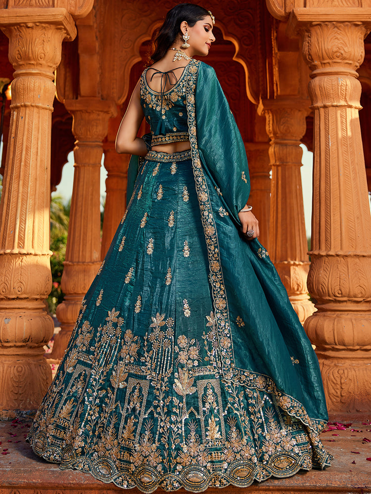 Teal Tissue Semi-Stitched Bridal Lehenga with Heavy Sequin, Moti, and Coding Embroidery Work ClothsVilla
