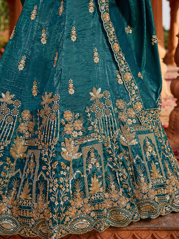Teal Tissue Semi-Stitched Bridal Lehenga with Heavy Sequin, Moti, and Coding Embroidery Work ClothsVilla
