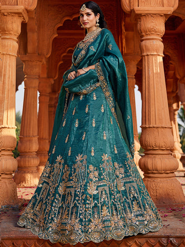 Teal Tissue Semi-Stitched Bridal Lehenga with Heavy Sequin, Moti, and Coding Embroidery Work ClothsVilla