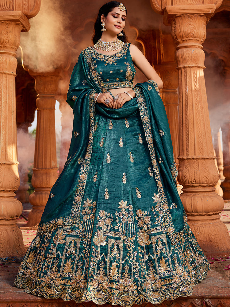 Teal Tissue Semi-Stitched Bridal Lehenga with Heavy Sequin, Moti, and Coding Embroidery Work ClothsVilla