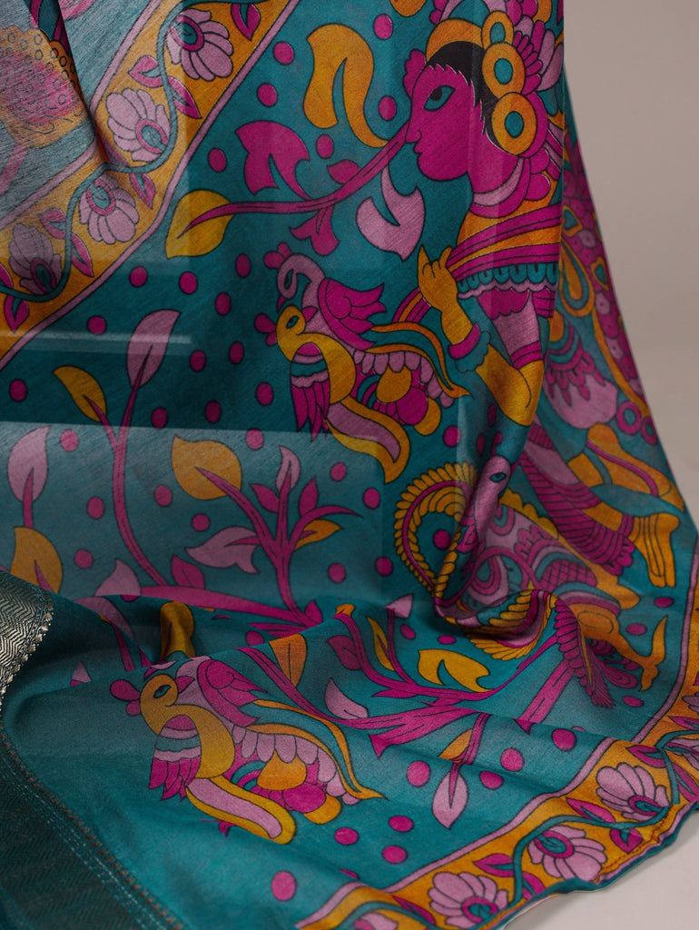 Teal Traditional Floral Printed Chanderi Saree with Zari Weaving Work Clothsvilla