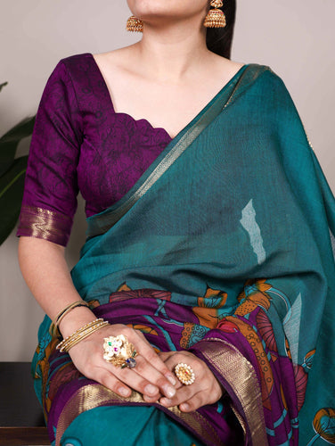 Teal Traditional Floral Printed Chanderi Saree with Zari Weaving Work Clothsvilla