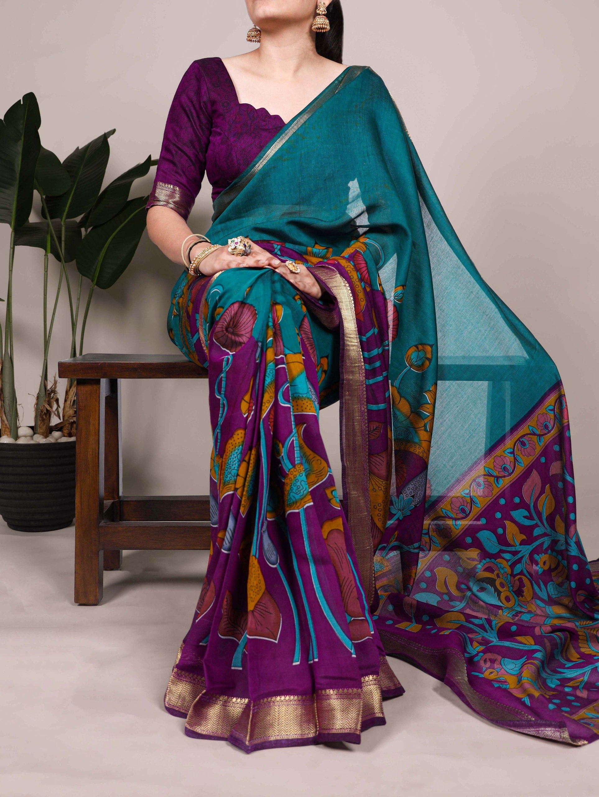 Teal Traditional Floral Printed Chanderi Saree with Zari Weaving Work Clothsvilla Main image