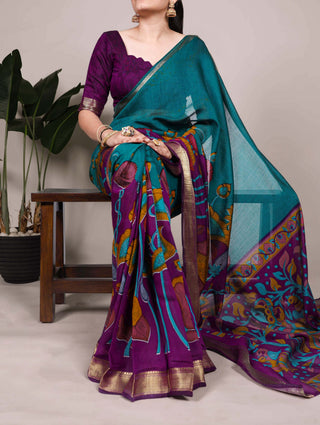 Teal Traditional Floral Printed Chanderi Saree with Zari Weaving Work Clothsvilla