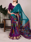 Teal Traditional Floral Printed Chanderi Saree with Zari Weaving Work Clothsvilla