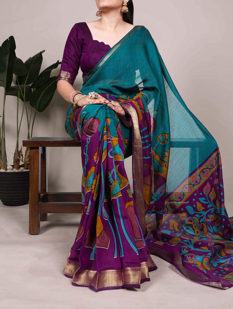 Teal Traditional Floral Printed Chanderi Saree with Zari Weaving Work Clothsvilla