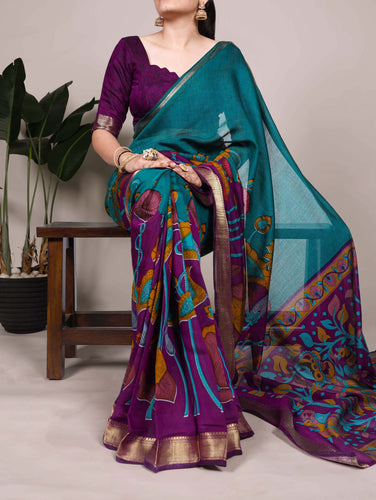 Teal Traditional Floral Printed Chanderi Saree with Zari Weaving Work Clothsvilla