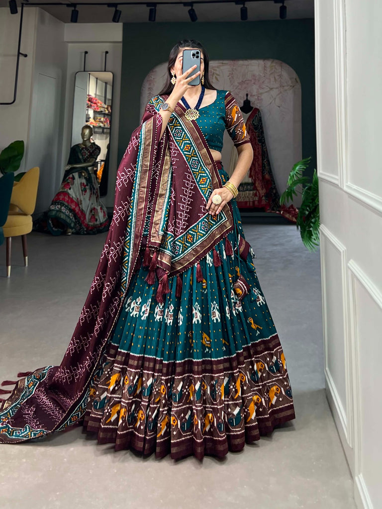 Teal Tussar Silk Lehenga Choli with Enchanting Ikat Patola Print and Foil Work ClothsVilla