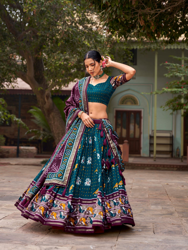 Teal Tussar Silk Lehenga Choli with Enchanting Ikat Patola Print and Foil Work ClothsVilla