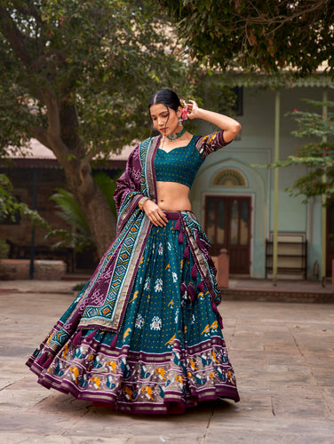 Teal Tussar Silk Lehenga Choli with Enchanting Ikat Patola Print and Foil Work ClothsVilla