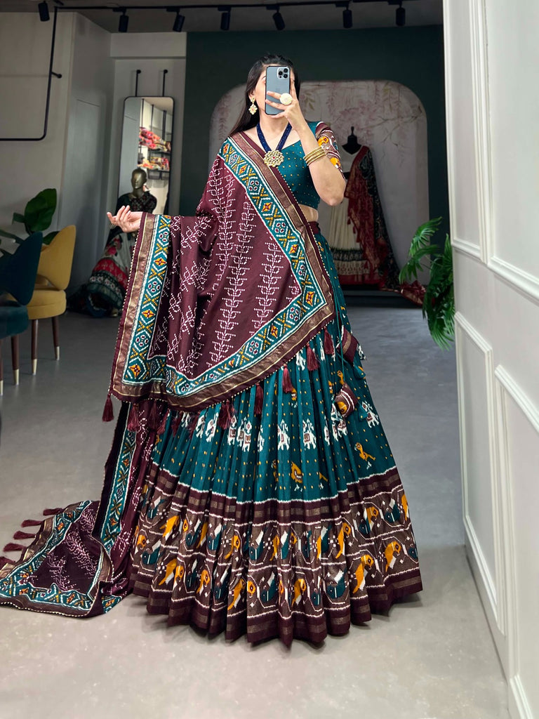 Teal Tussar Silk Lehenga Choli with Enchanting Ikat Patola Print and Foil Work ClothsVilla