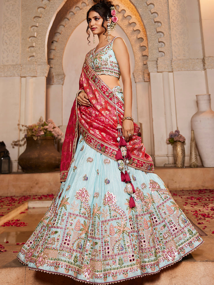 Tissue Mirror Embroidered Semi-Stitched Lehenga Choli with Dupatta Clothsvilla