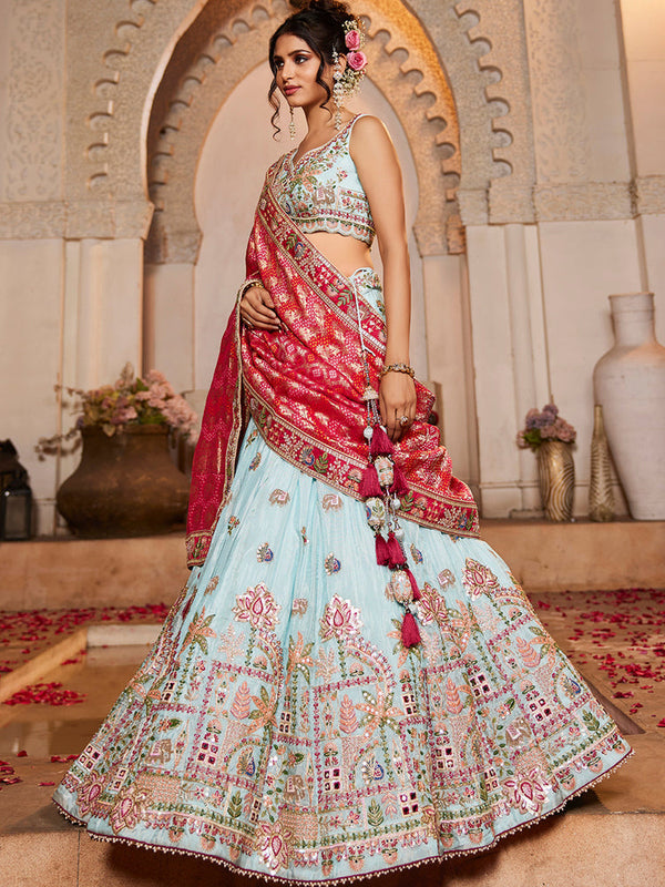 Tissue Mirror Embroidered Semi-Stitched Lehenga Choli with Dupatta Clothsvilla
