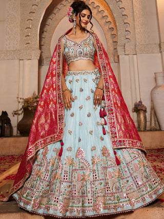 Tissue Mirror Embroidered Semi-Stitched Lehenga Choli with Dupatta Clothsvilla