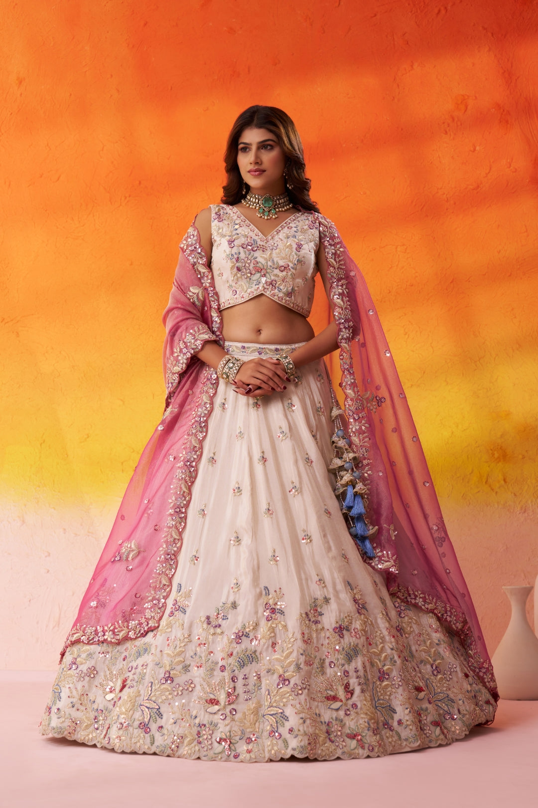 Tissue Sequins Thread & Embroidered Semi-Stitched Lehenga & Unstitched Blouse With Dupatta Clothsvilla