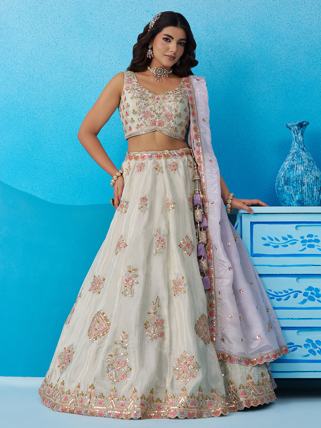 Tissue Sequins & Zari Embroidered Semi-Stitched Lehenga & Unstitched Blouse With Dupatta Clothsvilla