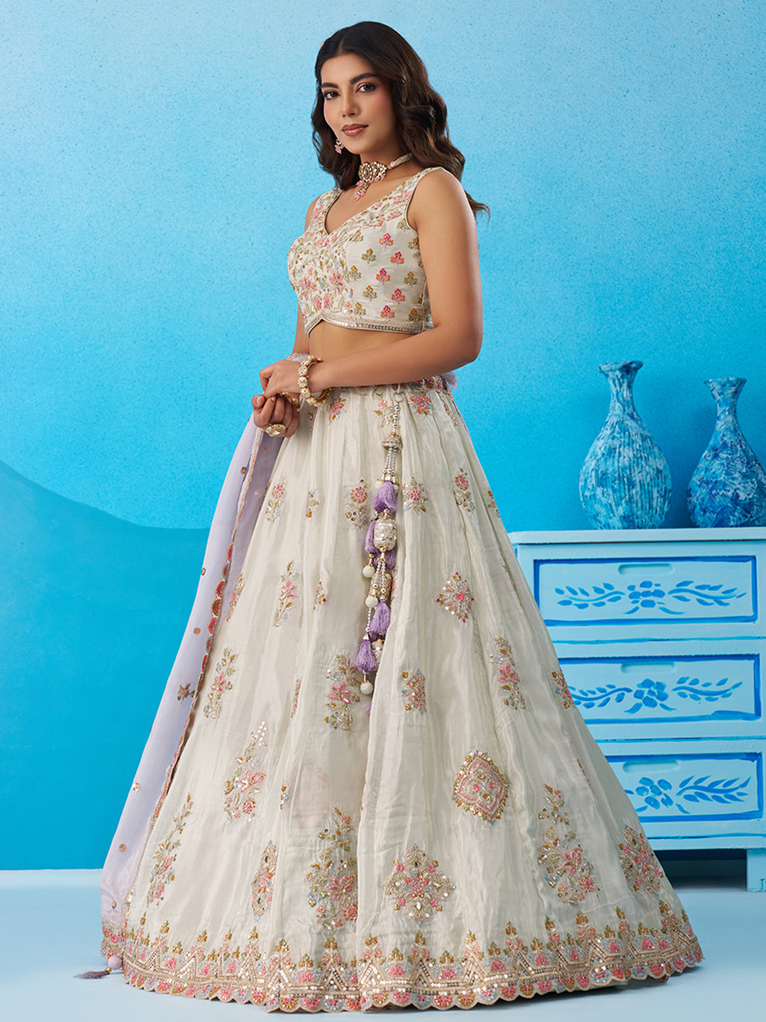 Tissue Sequins & Zari Embroidered Semi-Stitched Lehenga & Unstitched Blouse With Dupatta Clothsvilla