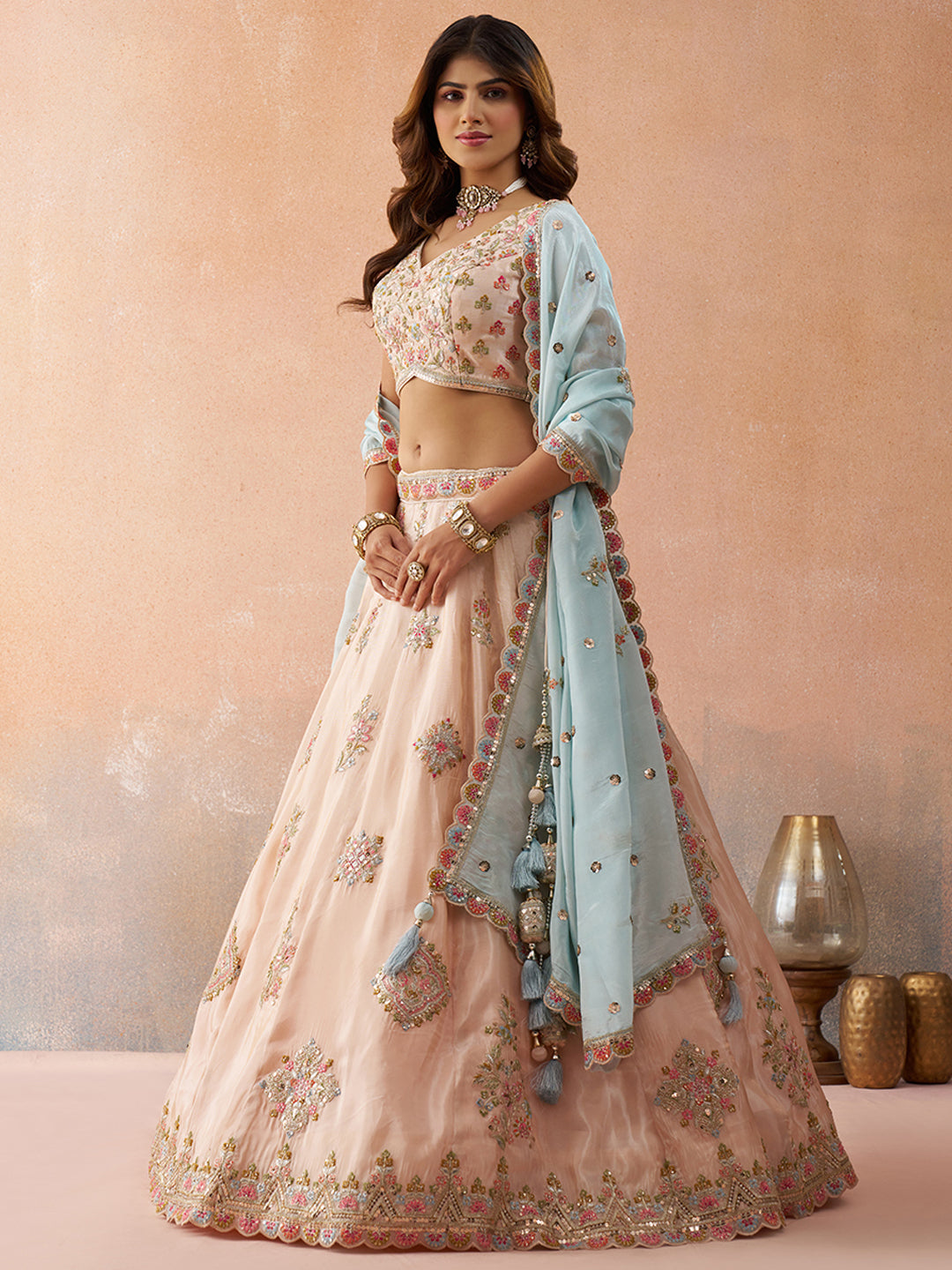 Tissue Sequins & Zari Embroidered Semi-Stitched Lehenga & Unstitched Blouse With Dupatta Clothsvilla
