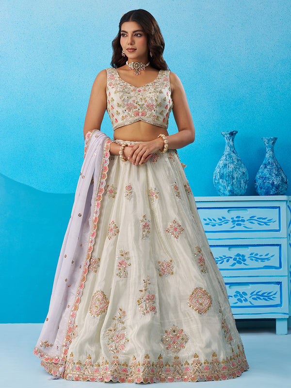 Tissue Sequins & Zari Embroidered Semi-Stitched Lehenga & Unstitched Blouse With Dupatta Clothsvilla