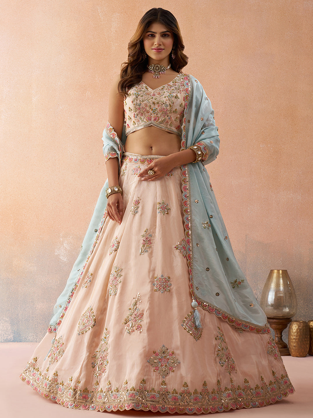 Tissue Sequins & Zari Embroidered Semi-Stitched Lehenga & Unstitched Blouse With Dupatta Clothsvilla