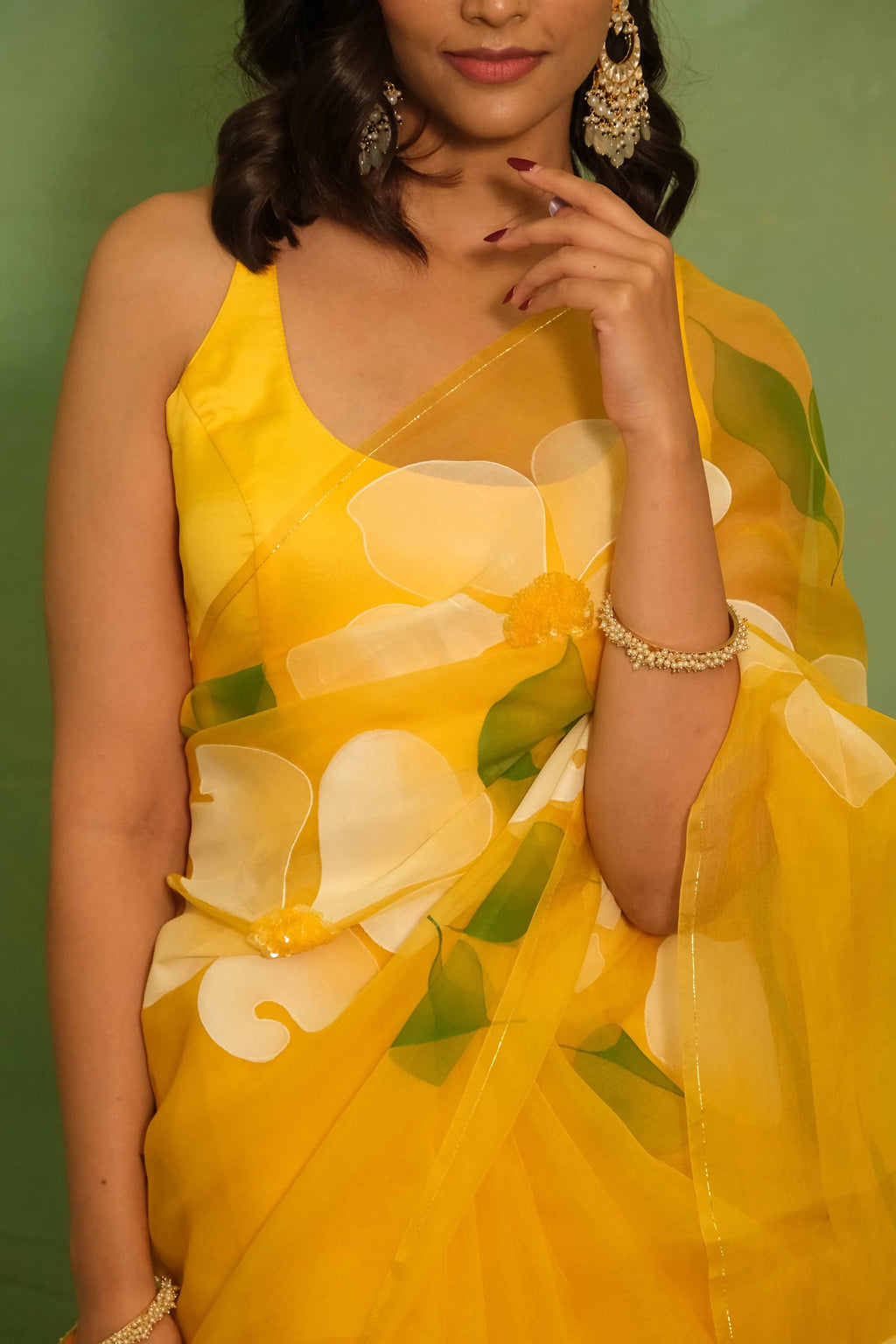 Sunshine Yellow Pure Organza Saree with Hand-Painted White Floral Motifs & Sequin Embellishments FANCY SAREES