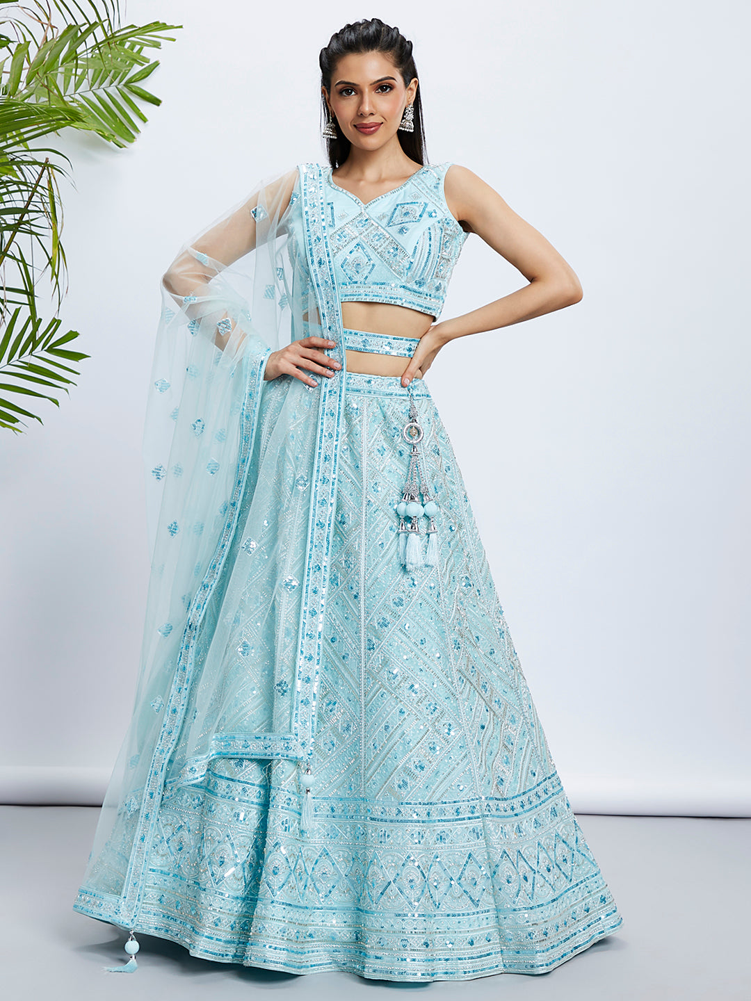 Turquoise Blue Embroidered Net Lehenga Choli Set with Cutdana, Zardosi & Sequins ClothsVilla