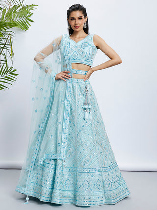 Turquoise Blue Embroidered Net Lehenga Choli Set with Cutdana, Zardosi & Sequins ClothsVilla