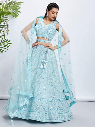 Turquoise Blue Embroidered Net Lehenga Choli Set with Cutdana, Zardosi & Sequins ClothsVilla