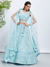Load image into Gallery viewer, Turquoise Blue Embroidered Net Lehenga Choli Set with Cutdana, Zardosi &amp; Sequins ClothsVilla