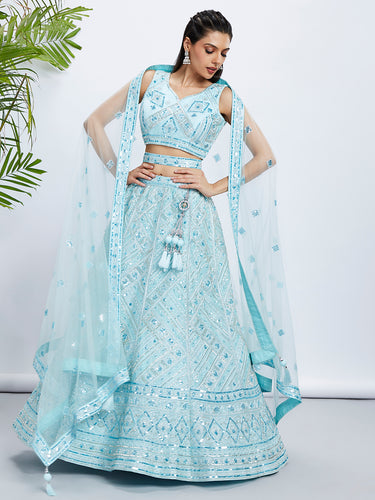 Turquoise Blue Embroidered Net Lehenga Choli Set with Cutdana, Zardosi & Sequins ClothsVilla