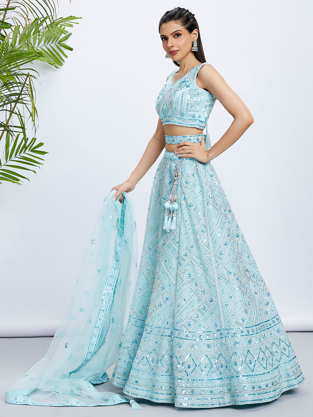 Turquoise Blue Embroidered Net Lehenga Choli Set with Cutdana, Zardosi & Sequins ClothsVilla