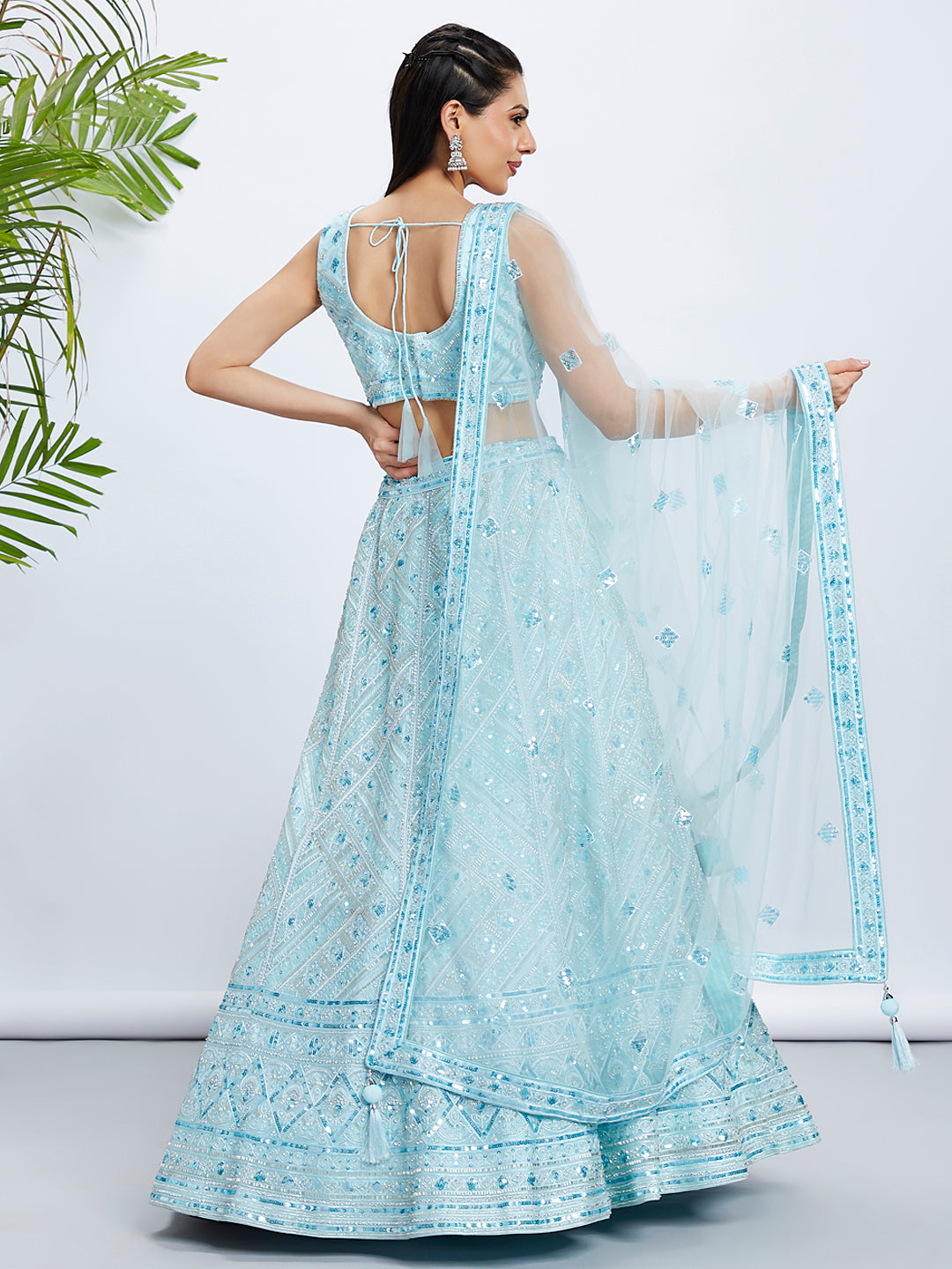 Turquoise Blue Embroidered Net Lehenga Choli Set with Cutdana, Zardosi & Sequins ClothsVilla