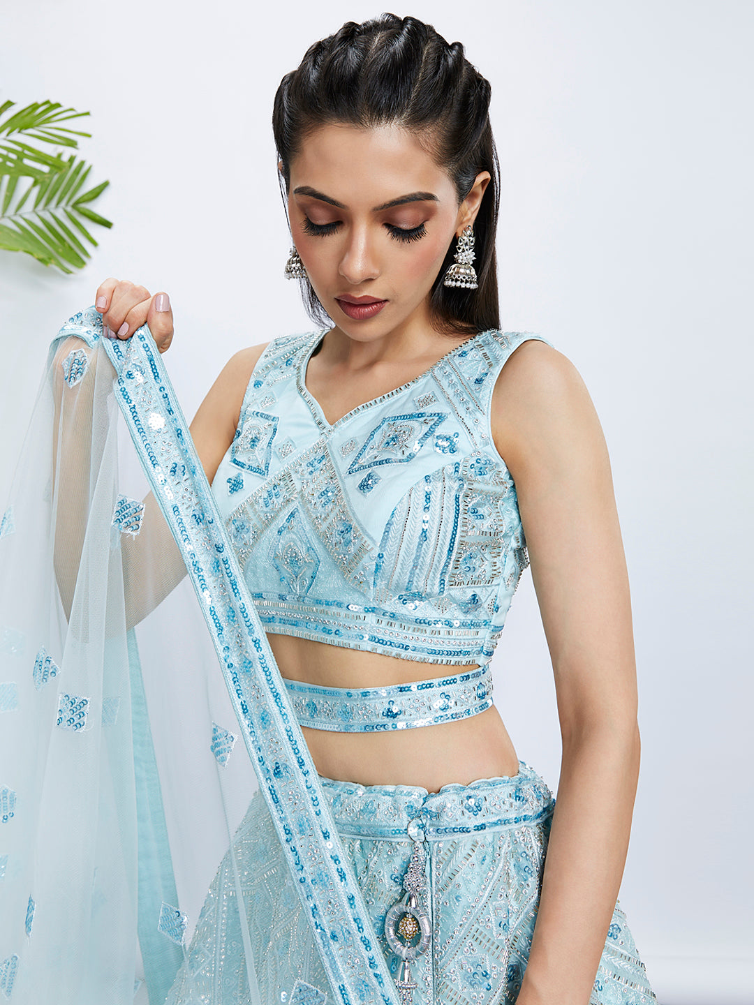 Turquoise Blue Embroidered Net Lehenga Choli Set with Cutdana, Zardosi & Sequins ClothsVilla