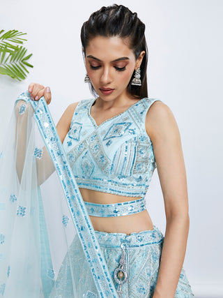 Turquoise Blue Embroidered Net Lehenga Choli Set with Cutdana, Zardosi & Sequins ClothsVilla