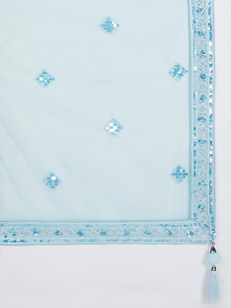 Turquoise Blue Embroidered Net Lehenga Choli Set with Cutdana, Zardosi & Sequins ClothsVilla