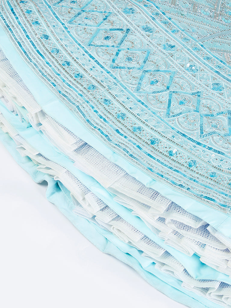 Turquoise Blue Embroidered Net Lehenga Choli Set with Cutdana, Zardosi & Sequins ClothsVilla